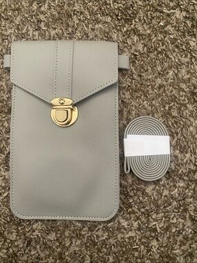Gray Phone Crossbody Bag with Gold Lock — Minimalist Hands-Free Holster